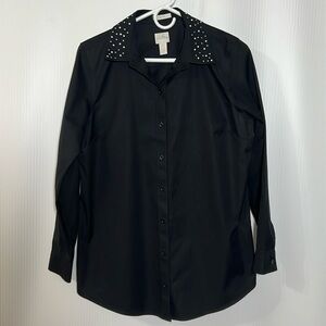 Chico’s Black Long Sleeve Button Up Blouse Chico's Sz 0 Embellished Collar